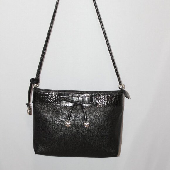 Brighton Black Leather Shoulder Bag Croc Pattern Trim Bow with Hearts - Picture 11 of 16